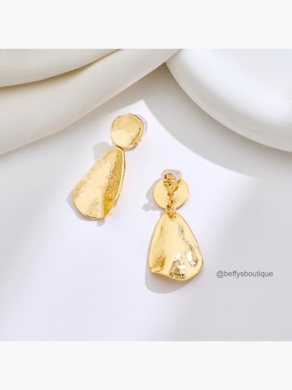 Clip On Hammered Geometric Dangle Earrings Gold Plated Brass - Picture 5 of 7